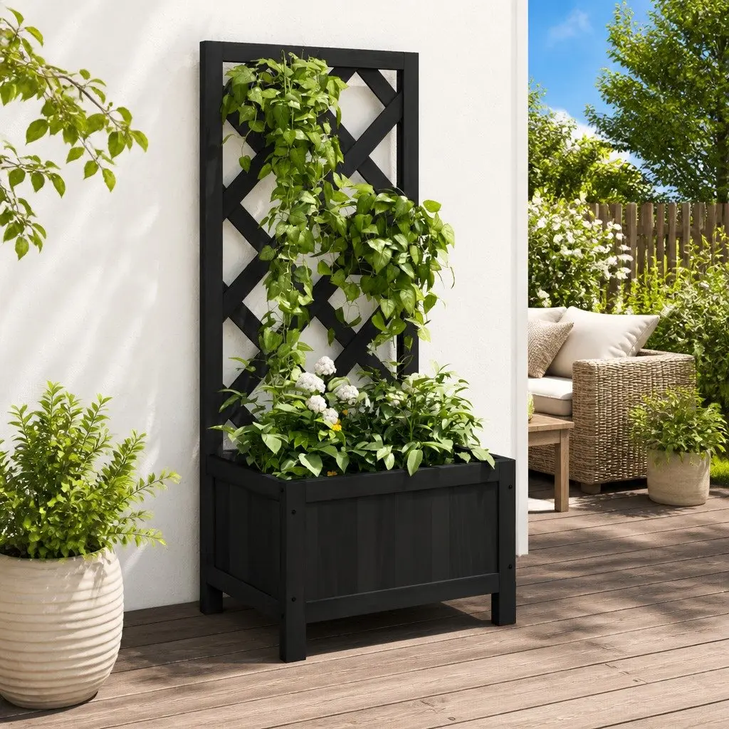 Wooden Planter Solid Fir Black with Trellis Support for Climbing Plants Garden Patio Outdoor