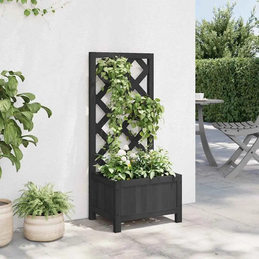 Wooden Planter Solid Fir Black with Trellis Support for Climbing Plants Garden Patio Outdoor