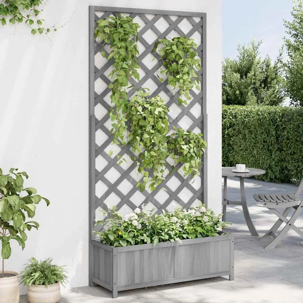 Wooden Planter Box Fir Wood Grey with Integrated Trellis for Garden Flower Herb Climbing Plant Support