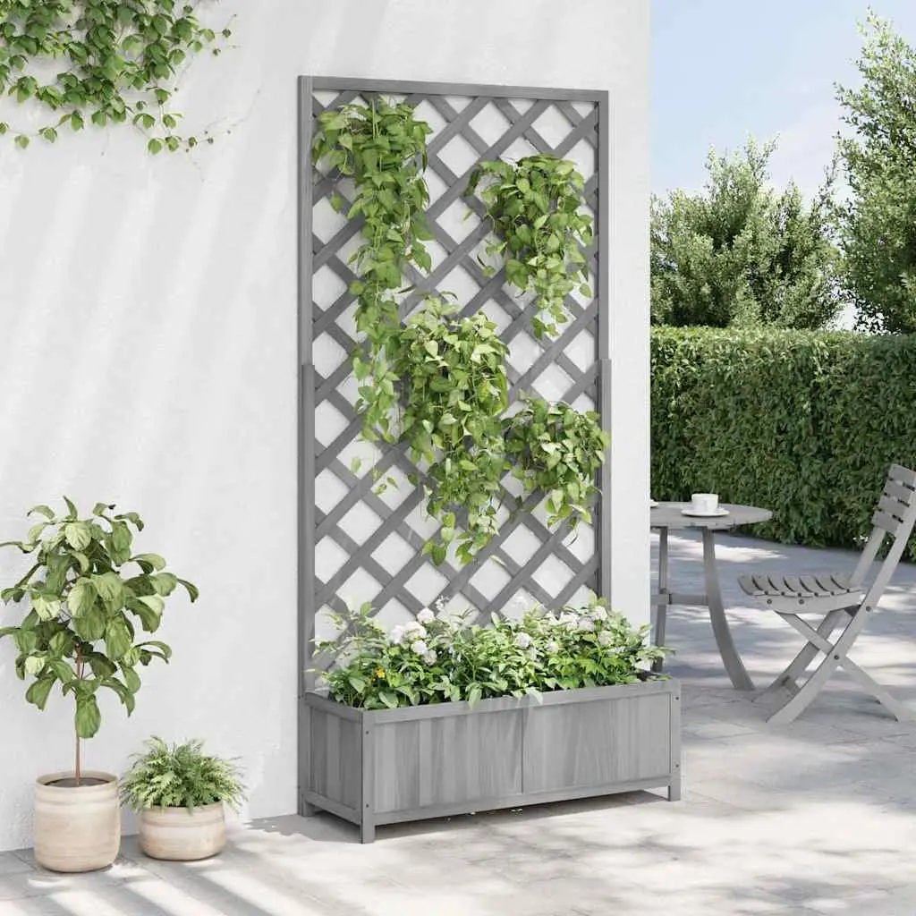 Wooden Planter Box Fir Wood Grey with Integrated Trellis for Garden Flower Herb Climbing Plant Support