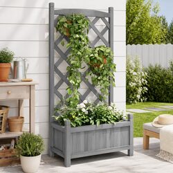 Practical Grey Wooden Planter with Trellis for Your Patio