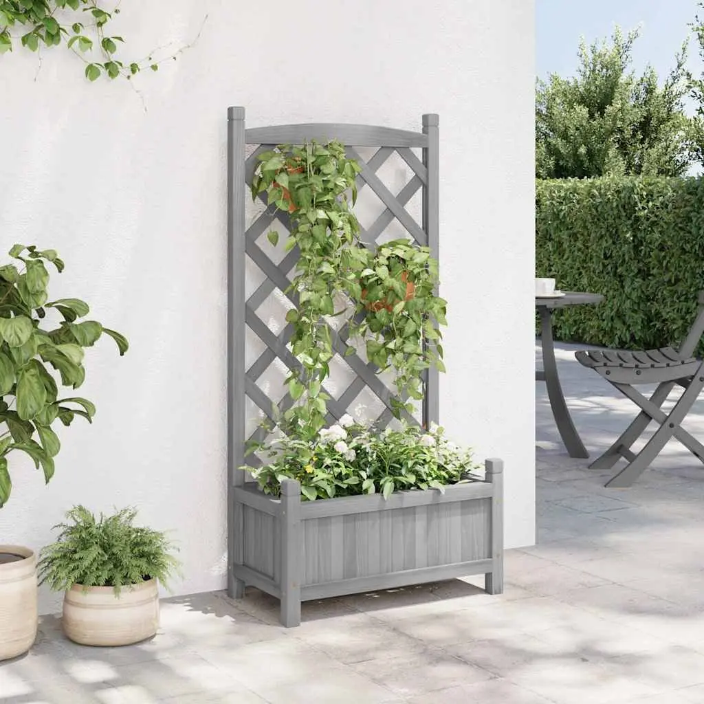 Wooden Planter Solid Fir Wood Grey with Trellis for Climbing Plants Garden Outdoor Decor