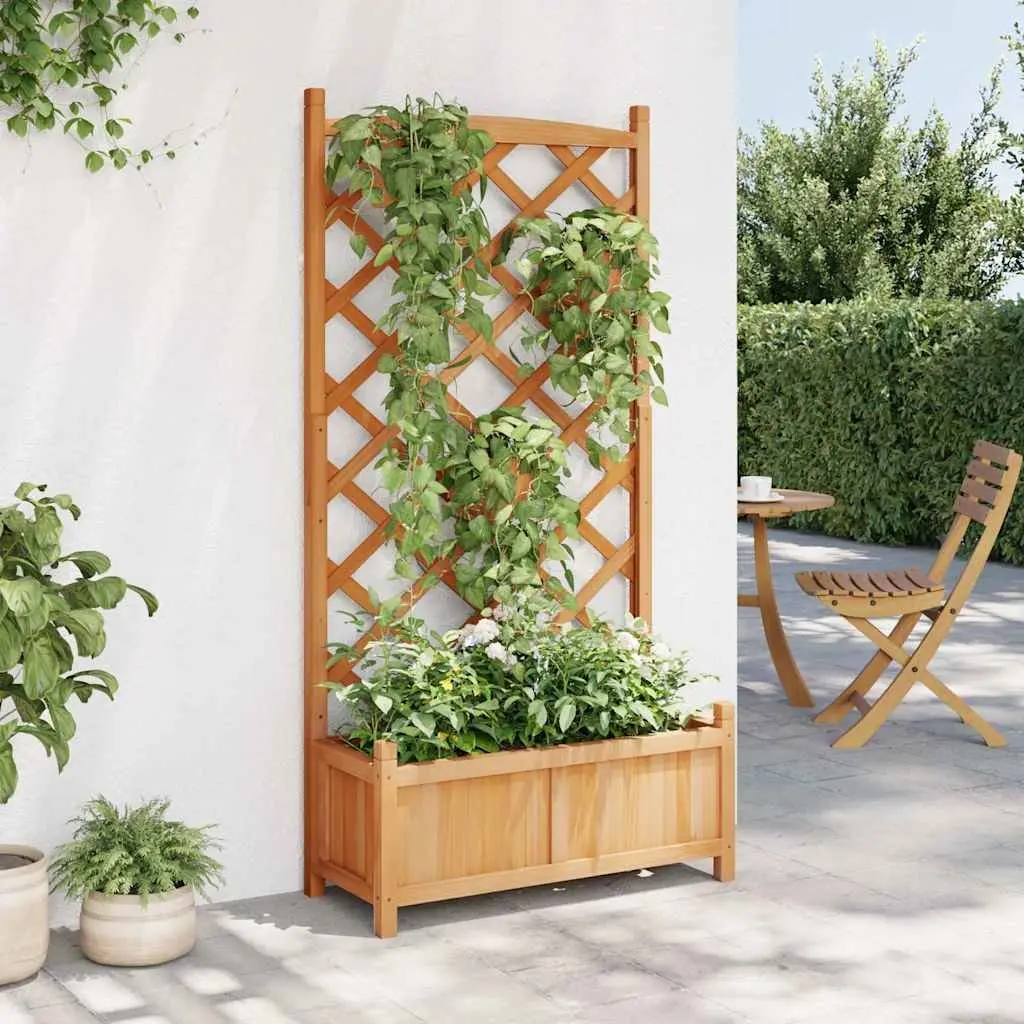 Brown Fir Wooden Planter with Integrated Trellis for Climbing Plants Garden Patio Decor