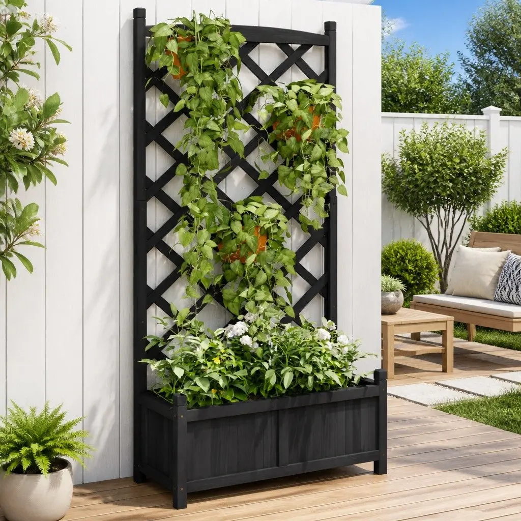 Planter with Trellis Solid Fir Wood Black Garden Climbing Plants Outdoor