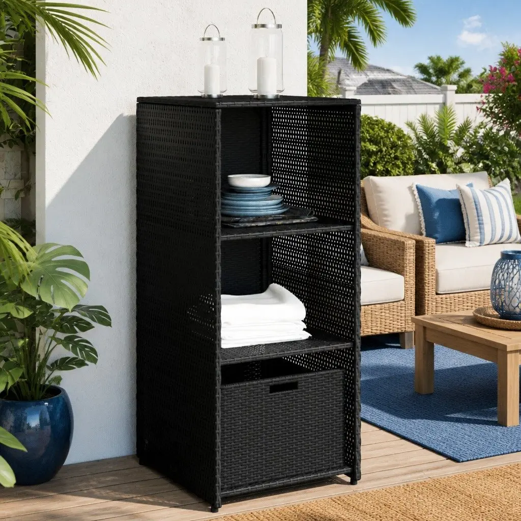Garden Storage Cabinet Poly Rattan Black 2 Shelves Drawer 50W x 55D x 115H cm