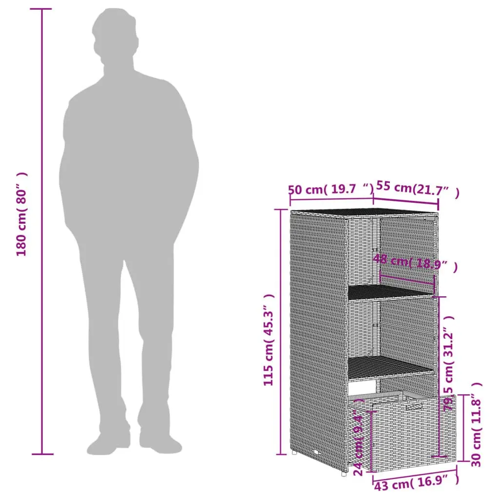 Garden Storage Cabinet PE Rattan Grey 50x55x115cm Powder Coated Steel 2 Shelves 1 Drawer