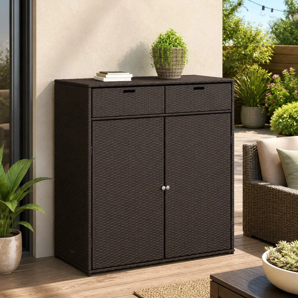Garden Storage Cabinet Rattan Brown Outdoor Furniture 105 x 55 x 113 cm
