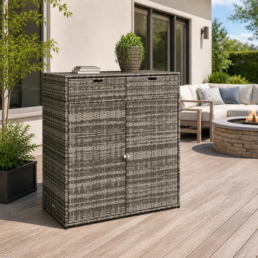 Outdoor Storage Cabinet Grey PE Rattan 105x55x113cm with Doors Steel Frame