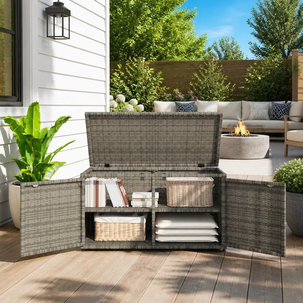 Outdoor Storage Cabinet Grey Poly Rattan Furniture with Two Doors Top Lid 110x55x60.5cm