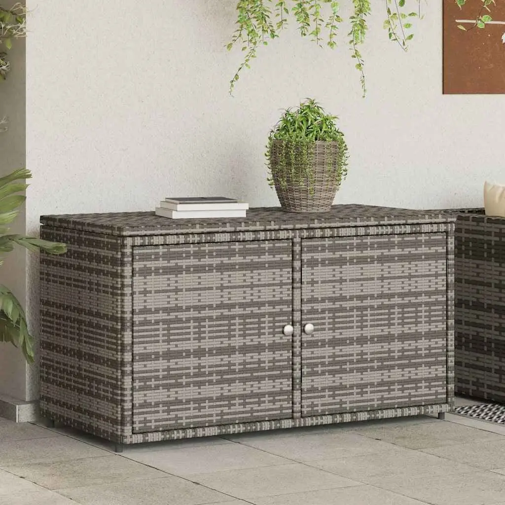 Outdoor Storage Cabinet Grey Poly Rattan Furniture with Two Doors Top Lid 110x55x60.5cm