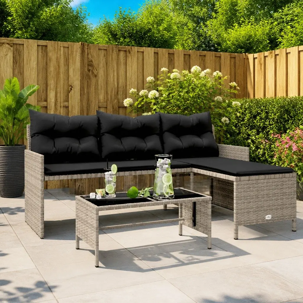 L-Shaped Garden Sofa Set Poly Rattan Grey with Table and Cushions