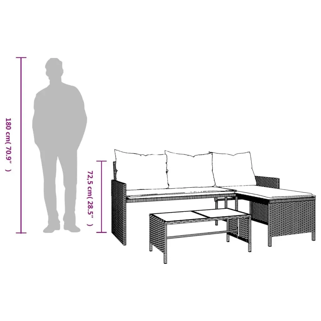 L-Shaped Garden Sofa Set Poly Rattan Grey with Table and Cushions