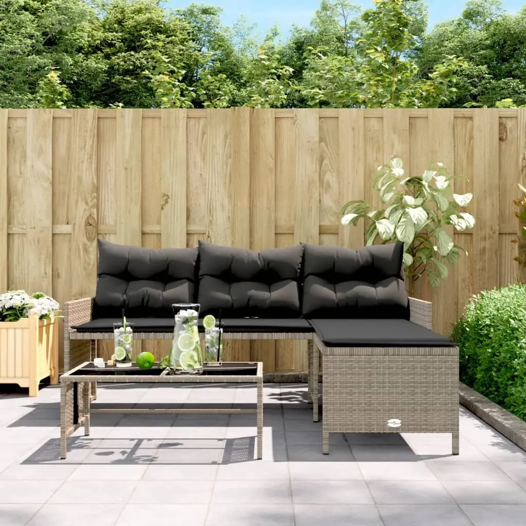 L-Shaped Garden Sofa Set Poly Rattan Grey with Table and Cushions