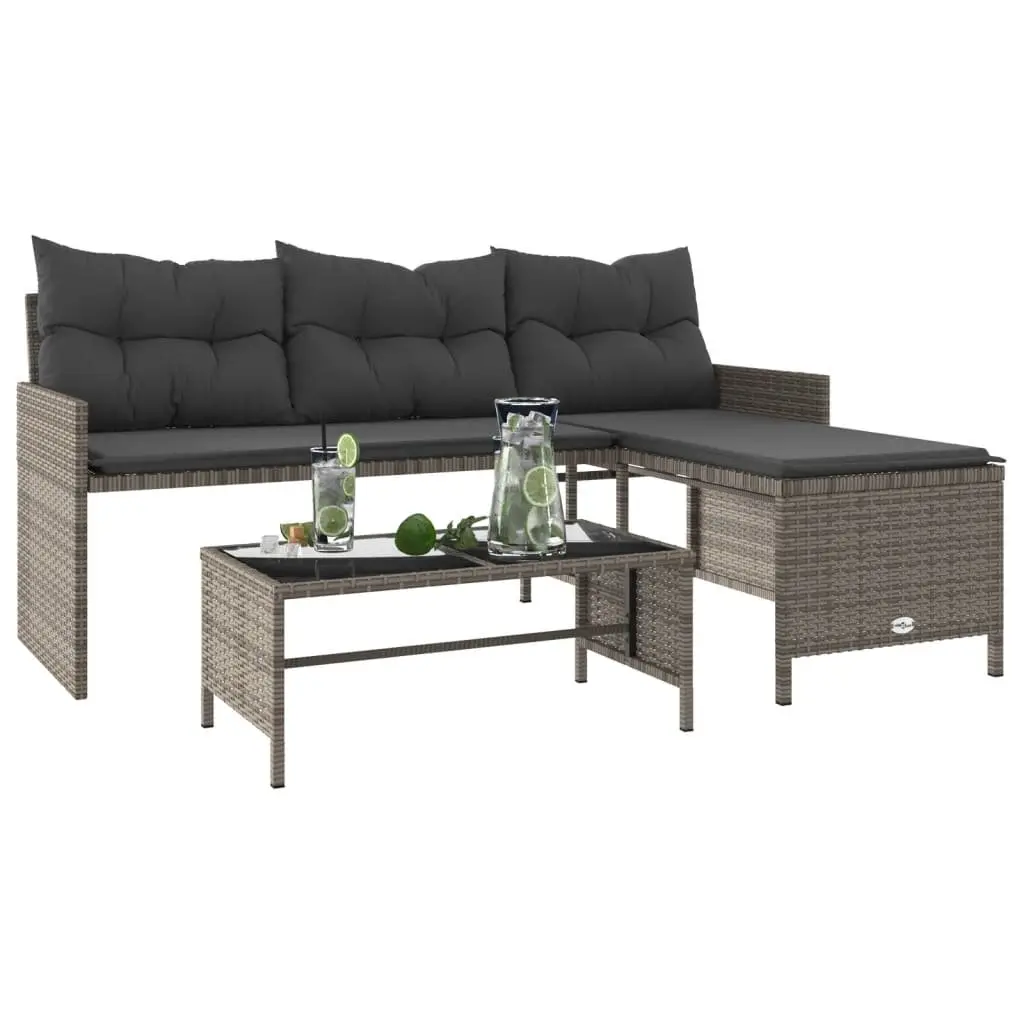 L-Shaped Garden Sofa Set Poly Rattan Grey with Table and Cushions