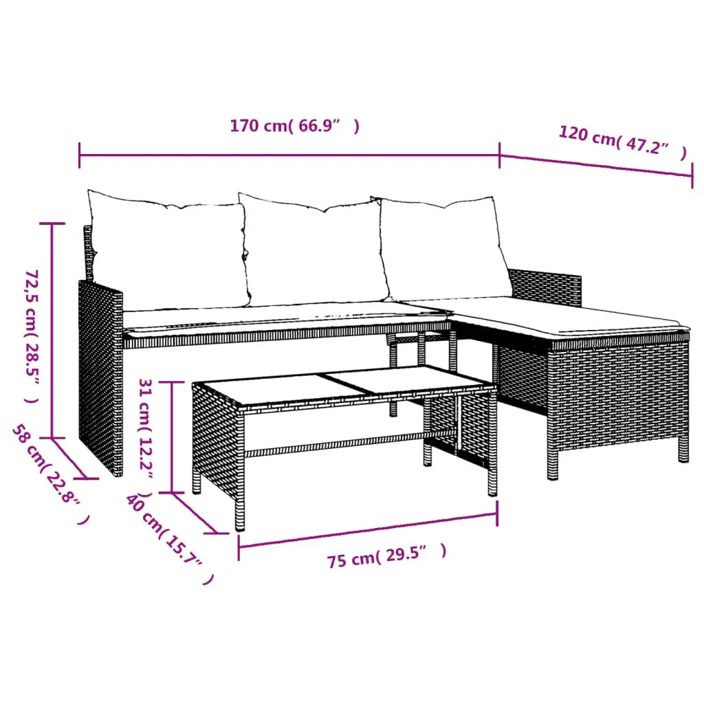 L-Shaped Garden Sofa Set Poly Rattan Grey with Table and Cushions