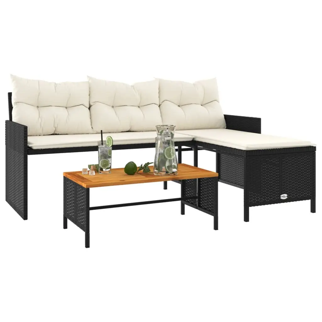 L-Shaped Garden Sofa Set with Table and Cushions Black Poly Rattan Outdoor