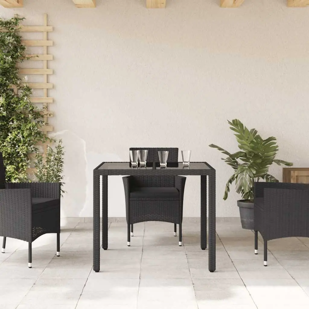 Garden Table Poly Rattan Black 90x90x75cm Glass Top Outdoor Furniture