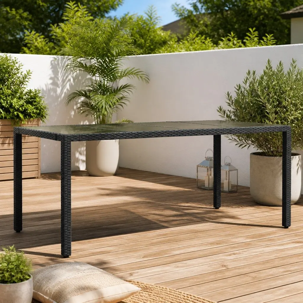 Garden Table with Tempered Glass Top Black Outdoor Poly Rattan Patio Furniture