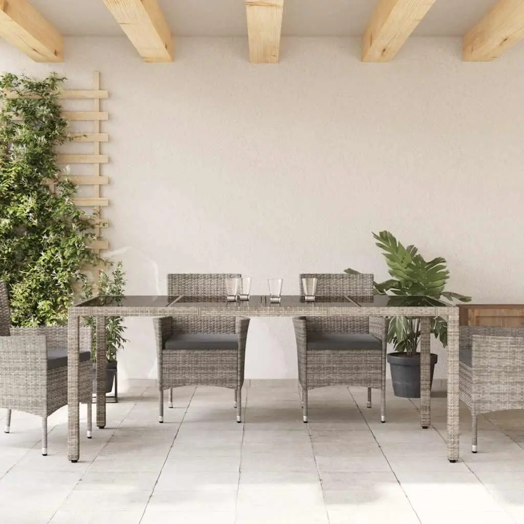 Garden Table Glass Top Grey PE Poly Rattan 190x90x75cm