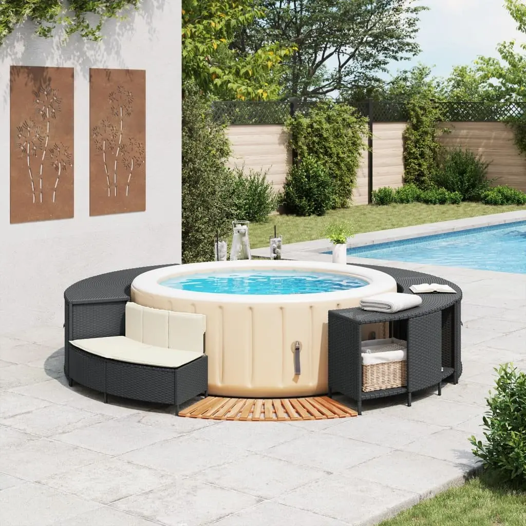 Hot Tub Surround Storage Rack Wooden Step Garden Bench Poly Rattan Black