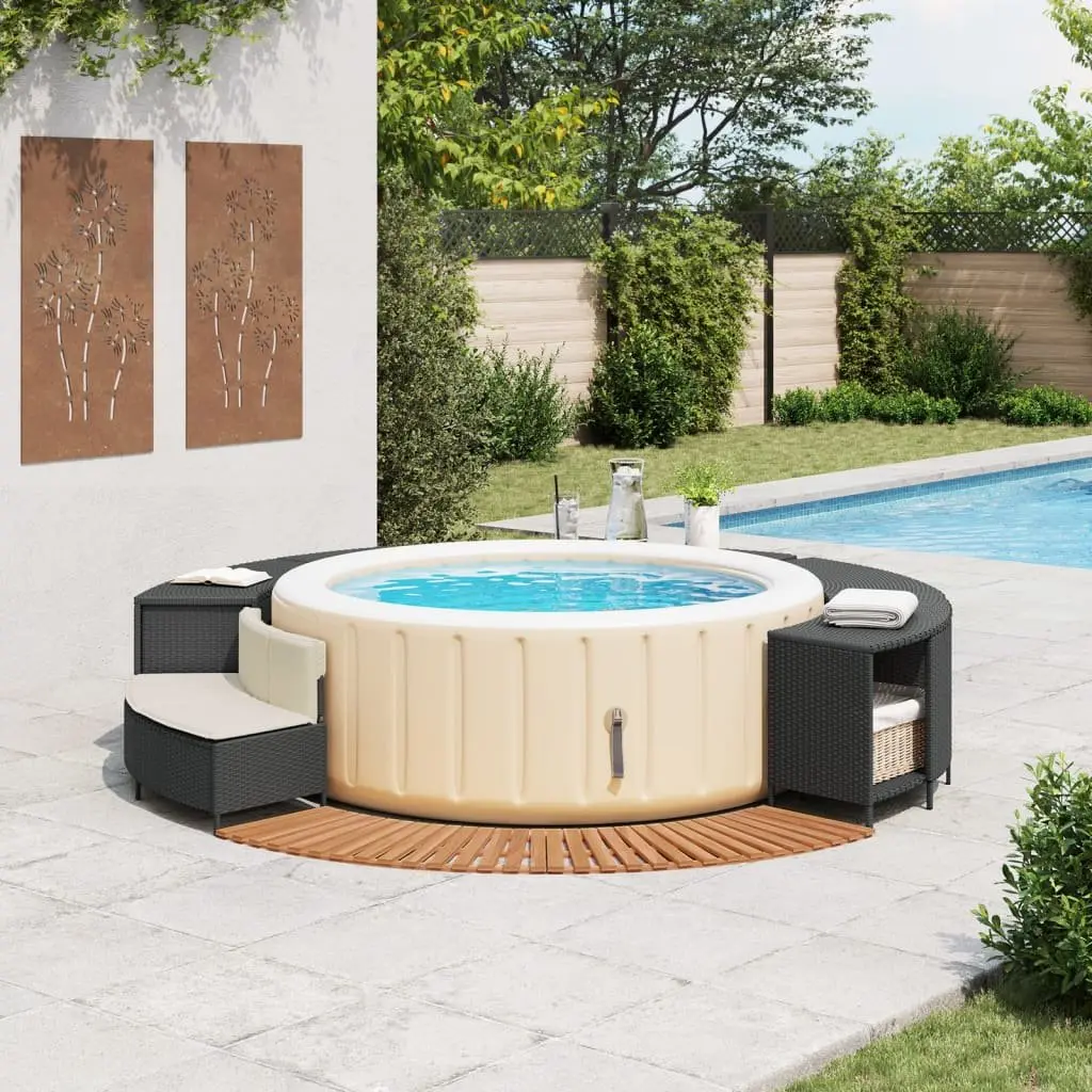 Hot Tub Surround PE Rattan Solid Acacia Wood Garden Bench Step Black