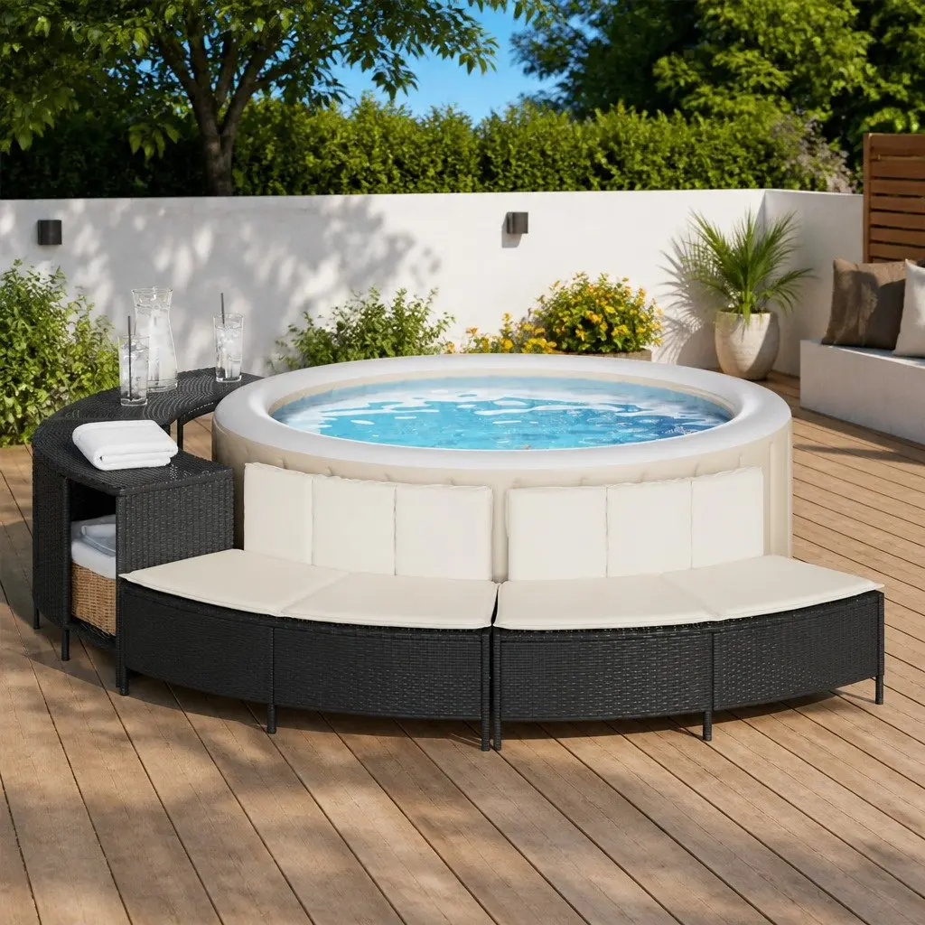 Hot Tub Benches PE Rattan 2 pcs Black with Cushions Outdoor Seating