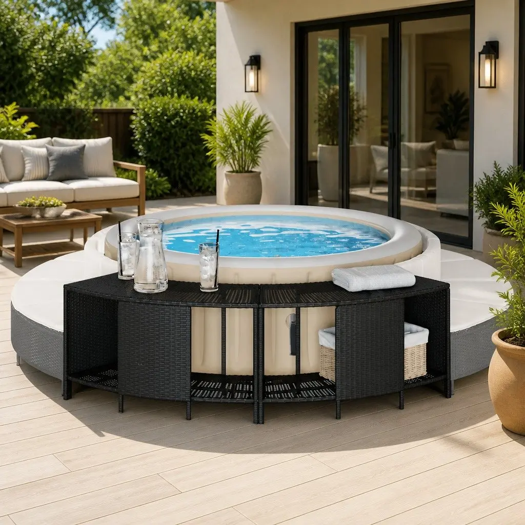 Hot Tub Storage Shelves Poly Rattan Black 2 Pieces Outdoor Garden Furniture