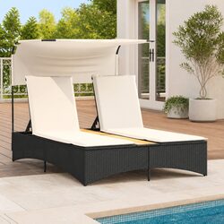 Double Sun Lounger Outdoor Garden Furniture Canopy Cushions Black Poly Rattan