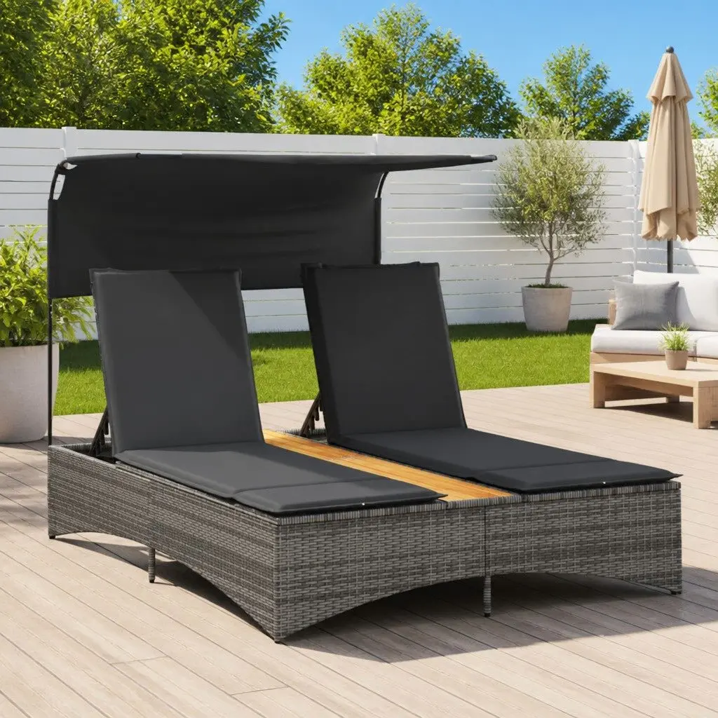 Double Sun Lounger PE Rattan Adjustable Canopy Grey