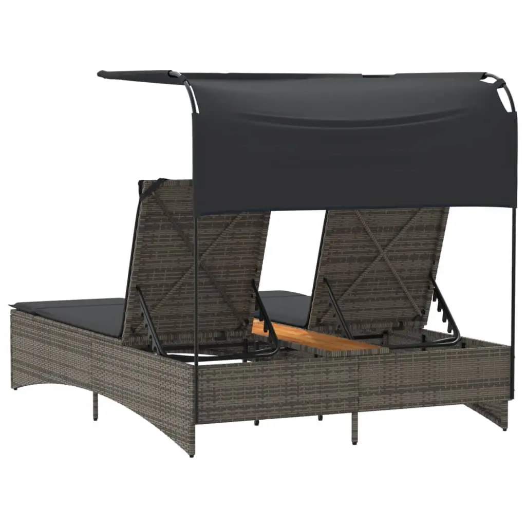 Double Sun Lounger PE Rattan Adjustable Canopy Grey