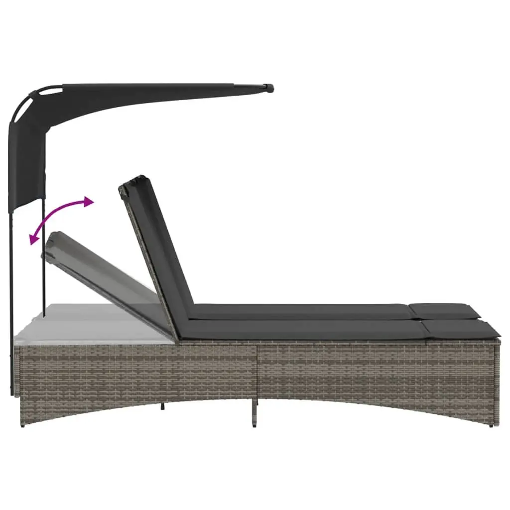 Double Sun Lounger PE Rattan Adjustable Canopy Grey