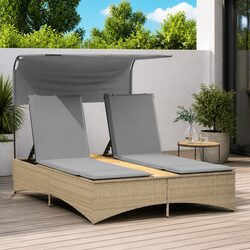 Double Sun Lounger Outdoor Furniture Canopy Adjustable Backrest Cushions Beige