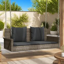 Outdoor Swing Bench Grey Poly Rattan Hanging Garden Seat with Cushions