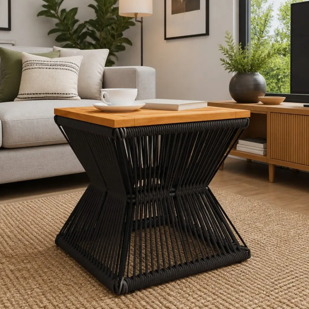Coffee Table Solid Acacia Wood Top Steel Wire Base Compact Brown 38x38x38 cm