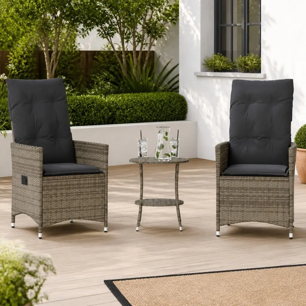 3 Piece Bistro Set Outdoor Furniture Grey Powder Coated Steel with Cushions PE Rattan