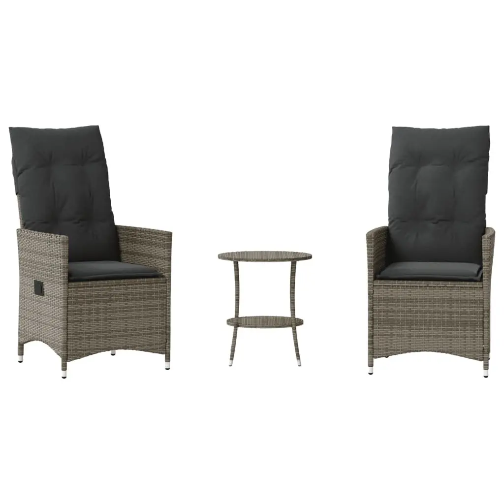 3 Piece Bistro Set Outdoor Furniture Grey Powder Coated Steel with Cushions PE Rattan