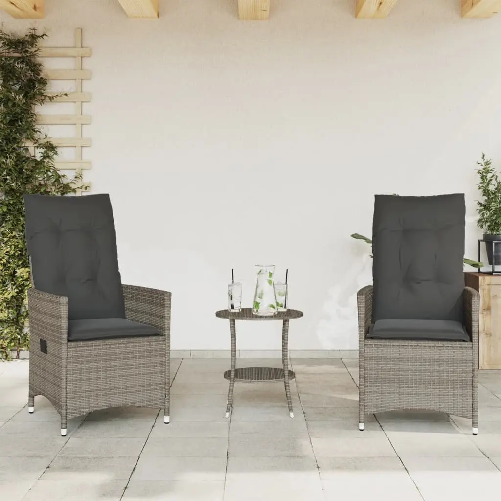 3 Piece Bistro Set Outdoor Furniture Grey Powder Coated Steel with Cushions PE Rattan