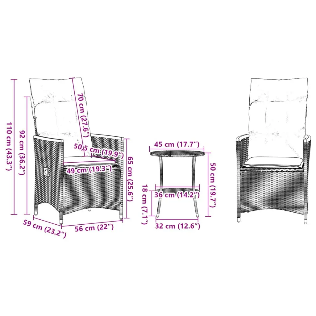 Outdoor Bistro Set 3 Piece Garden Furniture with Cushions Black Poly Rattan