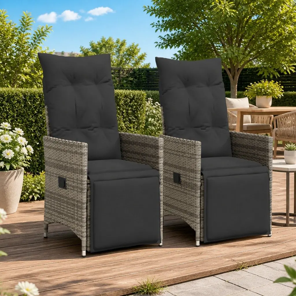 Reclining Garden Chairs PE Rattan Frame Powder-coated Steel Adjustable Backrest Grey 2 Piece with Cushions