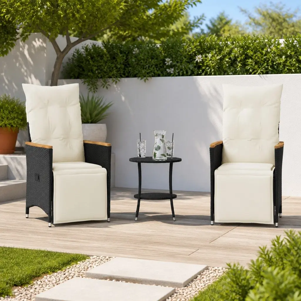 3 Piece Bistro Set PE Rattan Black Outdoor Patio Furniture Chairs Table