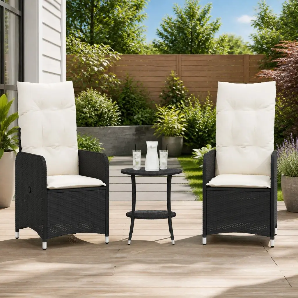 Reclining Chairs Set Poly Rattan Outdoor Seating Black 2 Pieces with Table Adjustable Backrest