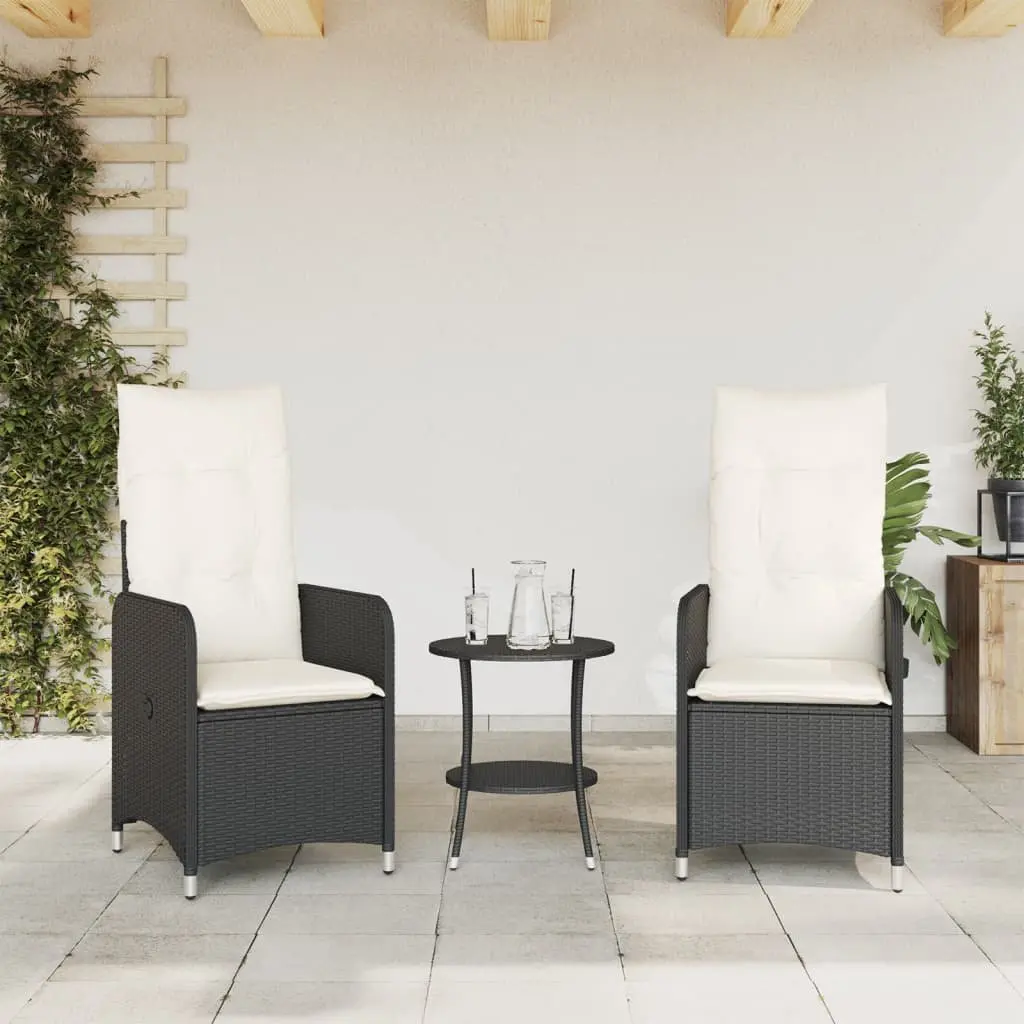 Reclining Chairs Set Poly Rattan Outdoor Seating Black 2 Pieces with Table Adjustable Backrest
