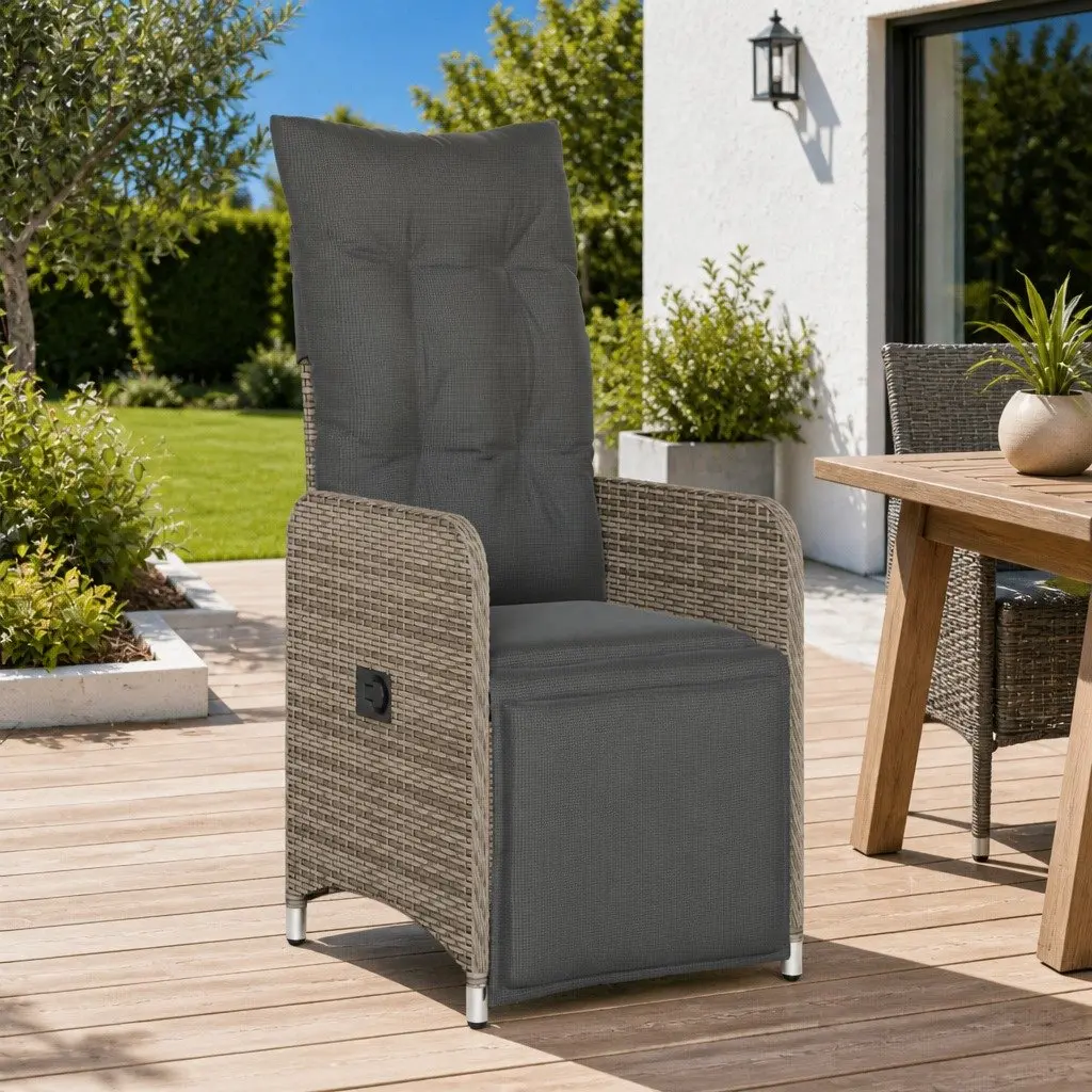 Reclining Garden Chair PE Rattan Powder-coated Steel Adjustable Backrest Footrest Grey
