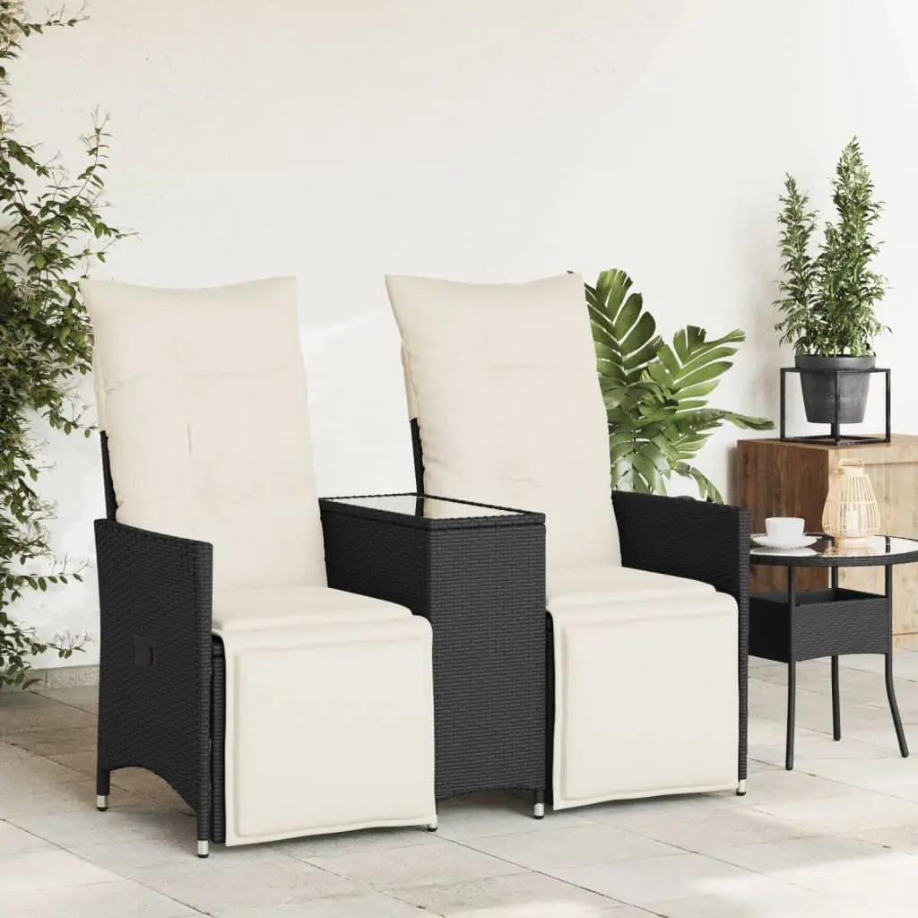 Reclining Garden Sofa PE Rattan 2-Seater with Central Table Black
