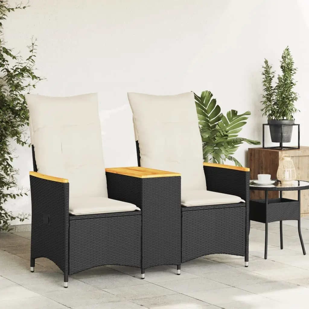 Reclining Garden Sofa 2-Seater with Central Table Black Poly Rattan Outdoor