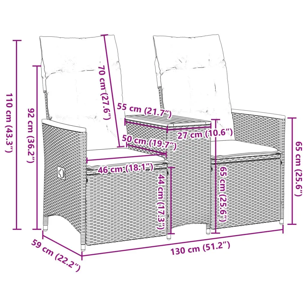 Reclining Garden Sofa 2-Seater with Central Table Black Poly Rattan Outdoor