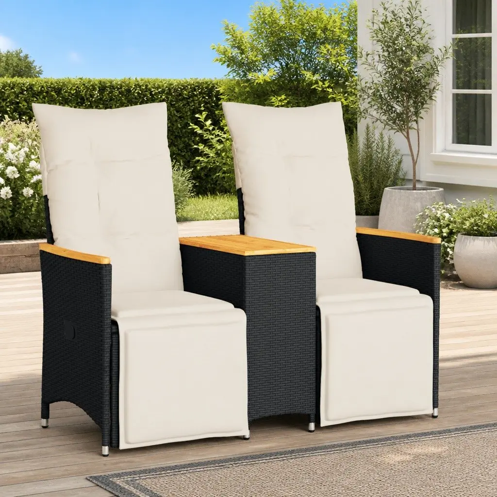 Reclining Garden Sofa 2-Seater Black Poly Rattan with Padded Cushions and Central Table