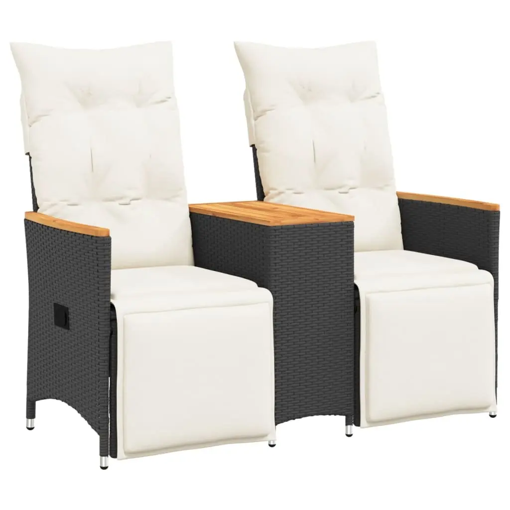 Reclining Garden Sofa 2-Seater Black Poly Rattan with Padded Cushions and Central Table