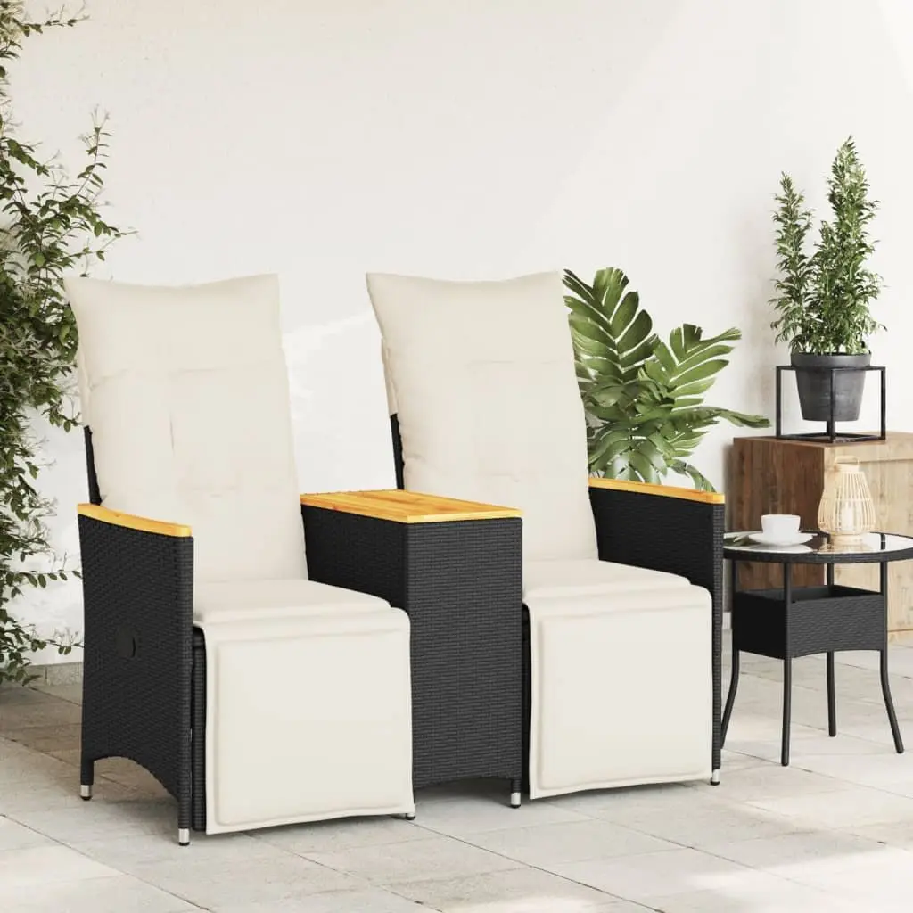 Reclining Garden Sofa 2-Seater Black Poly Rattan with Padded Cushions and Central Table