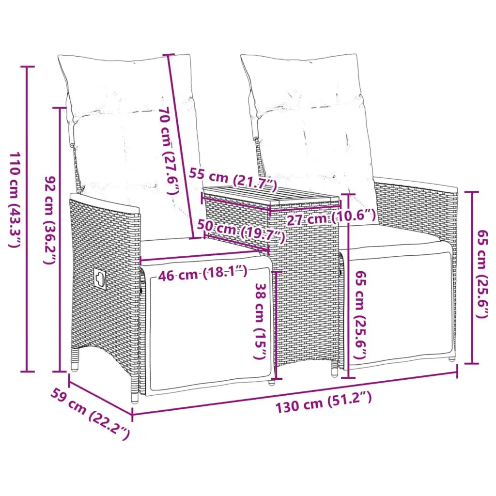 Reclining Garden Sofa 2-Seater Black Poly Rattan with Padded Cushions and Central Table